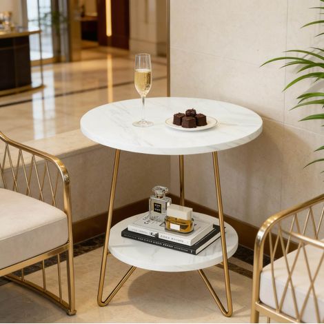 Table d’appoint ronde effet marbre blanc et métal doré 47 cm, 2 niveaux (1/5)