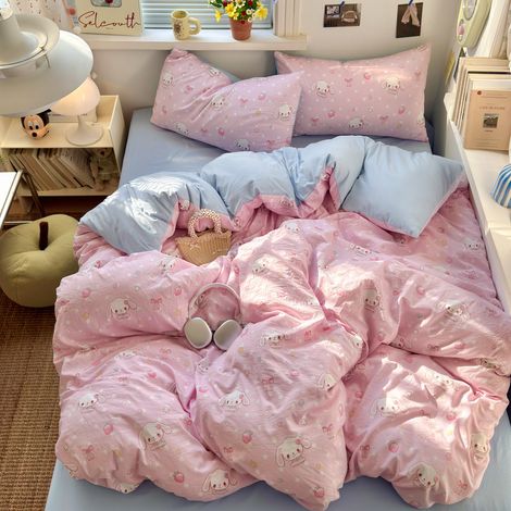 Ensemble Linge de Lit 4 Pièces Coton Lavé Ultra Doux - Qualité Maternité Classe A - Housse de Couette, Drap-Housse, Drap Plat - Idéal Chambre Étudiant Dortoir - Lapin Rose - 180x220 cm-lsw