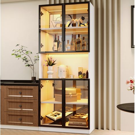 MODFU – Vitrine LED 70x30x170 cm MDF – Portes verre gris et fond miroir – Charnières silencieuses – Salon – Blanc (1/5)