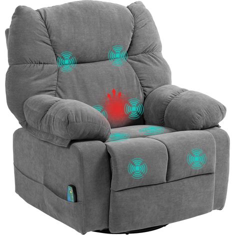 Fauteuil relax avec fonction massage, fonction allongée, fauteuil massant pivotant, 4 poches latérales et télécommande, Gris foncé