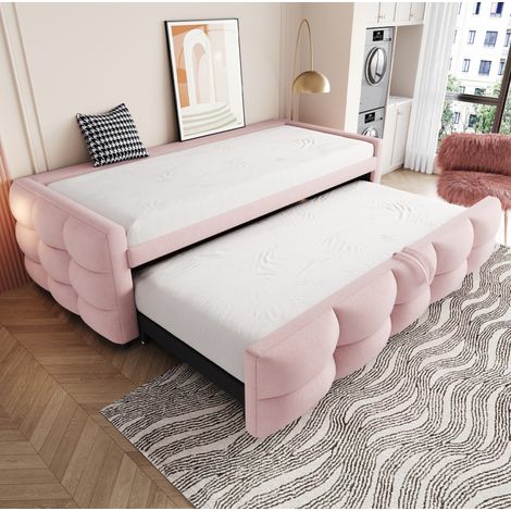 Cama tapizada rosa Teddy 90/180x190 cm, extensible, con somier de láminas (1/5)