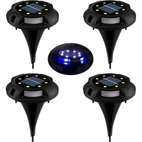 Solar-LED-Gartenleuchten, 8 LEDs, 4er-Pack, Solar-Gartenleuchten mit Spots, IP65 wasserdicht, dekorative Rasenbeleuchtung für Wege, Gärten, Terrassen, Höfe, Rasenflächen, Weiß (Naturweiß + Blau)
