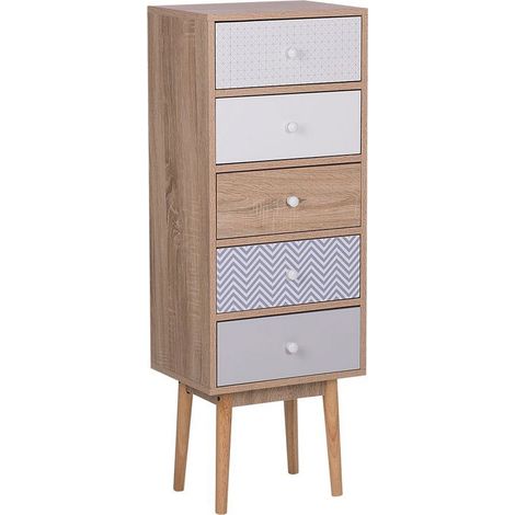 Chest of Drawers Light Brown with White and Grey Manufactured Wood 5 Drawers Scandinavian Design FOLEY