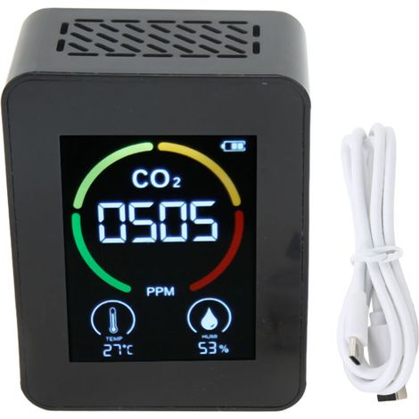 Détecteur de CO2, moniteur de dioxyde de carbone, capteur infrarouge de qualité de l'air avec détection de température et d'humidité, noir (1/5)