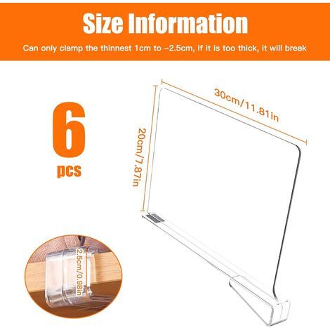 6 Pcs Séparateurs Etagère Acrylique Transparent, Séparateur Organisateur Placard Armoires Réglables Multifonction, Diviseur Rangement Perçage Sans pour Eorganisation Chambre Coucher (1/5)