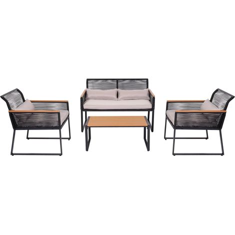 Garten-Garnitur HHG-603, Gartenlounge Lounge-Set Sitzgruppe Sofa, Seilgeflecht Rope Holzoptik Stahl, Polster hellgrau