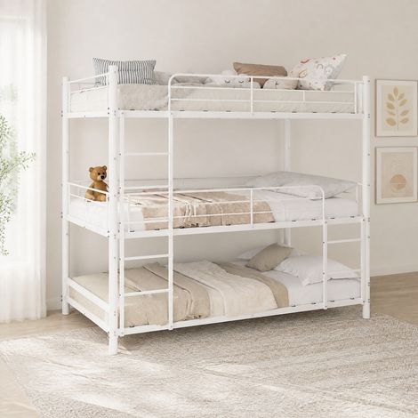 Cama litera triple (192x92x192 cm), con escaleras integradas, barandillas continuas, metal, blanco (1/5)