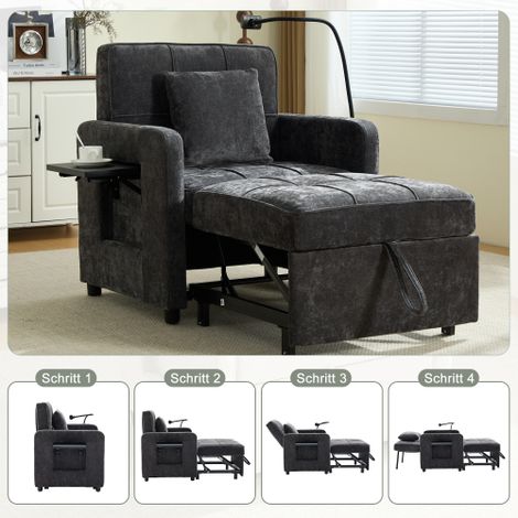 Fauteuil multifonction 2-en-1 (Lit d'appoint / Chaise longue) — Inclut un coussin et une poche de rangement latérale — Doté d'une petite tablette d'appoint d'un côté et d'une poche de rangement de l'a
