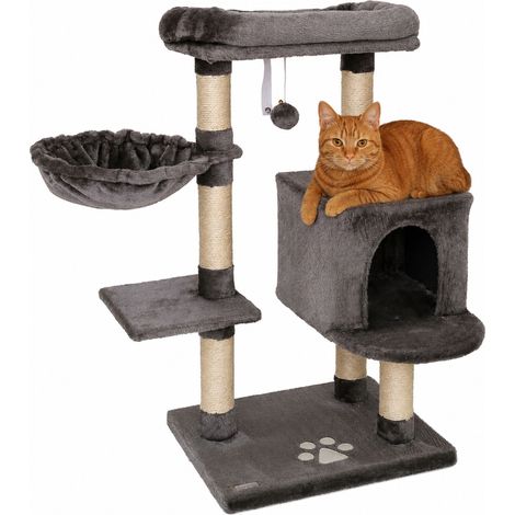 lionto Kratzbaum 93 cm mit Höhle, Liegemulde, Spielball & Sisalstämmen, kompakter Katzenbaum, dunkelgrau (1/5)