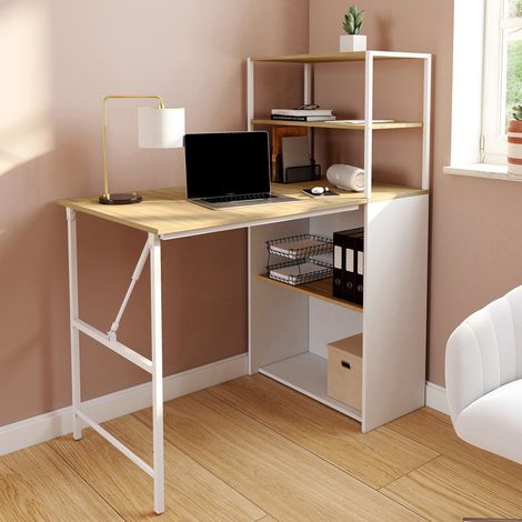 Escritorio librería abatible RAY con madera efecto haya y tablero abatible blanco (1/5)