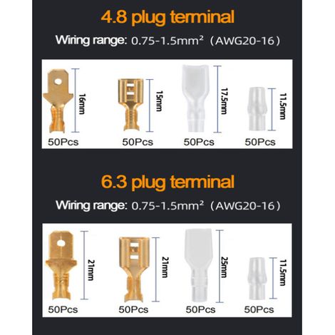 600 Pcs Cosses à Sertir en Laiton, 2.8/4.8/6.3mm Cosse Electrique avec Isolation Manche Mâle Femelle Spade Connecteurs de Fils Crimp Terminal pour Automobile Bateau Moto Voiture (1/2)