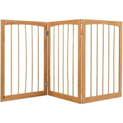 Barrière pour chien en bois naturel 76 cm à 3 panneaux pliable avec charnières à 180 et pose libre pour couloir, escalier et salon