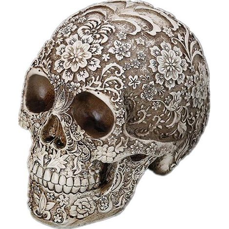 Crâne Humain Sculpté Résine Décoratif Modèle Médical Ornement Floral Halloween Décoration Fête des Morts Cadeau (1/5)