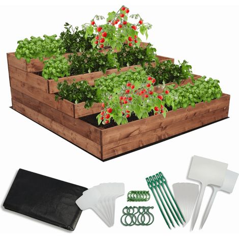 MODO24 Carré potager surélevé en bois, 4 niveaux en cascade, 45x90x120 cm, jardin/terrasse, kit jardinier inclus, brun imprégné