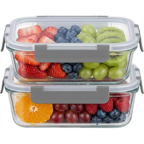 Lot de 2 Boîtes Alimentaires en Verre Borosilicate (1040 ml) avec Couvercles Hermétiques et Sans BPA Compatible Microondes, Lavevaisselle et Congélation Pour Meal Prep et Lunch Box (1/5)