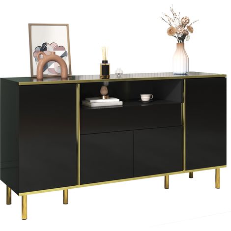 Buffet LED noir brillant à 4 portes, 1 tiroir et grand compartiment, 150 x 40 x 80 cm, finition élégante avec pieds dorés pour salon moderne  CHICFURN (1/5)