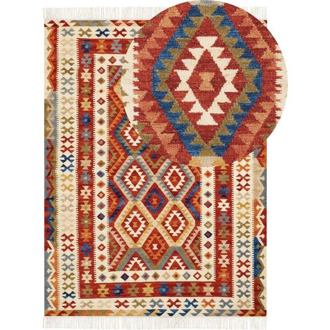 Traditional Wool Kilim Rug Hand Woven 160 x 230 cm Geometrical Pattern with Tassels Multicolour Oshakan