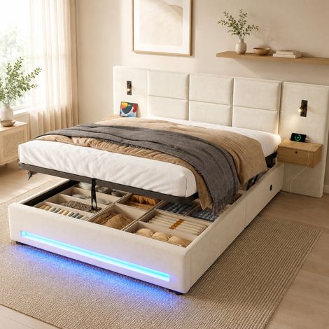 Etagenbett 180/200 cm en beige de terciopelo con almacenaje, LED y USB-C, diseño elegante (1/5)