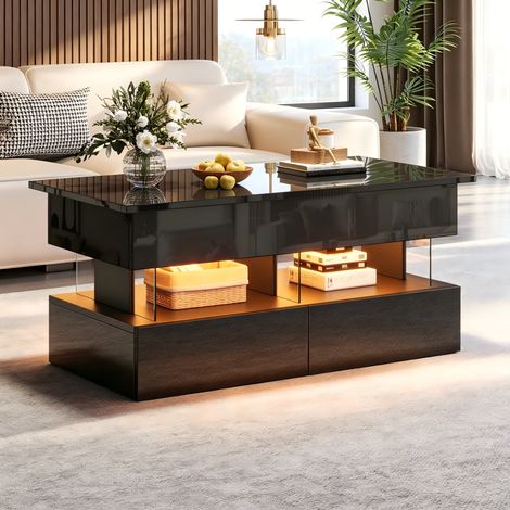 Mesa baja elevable 100 x 50 x 46 cm, con 2 cajones, en MDF y acrílico, negro (1/5)