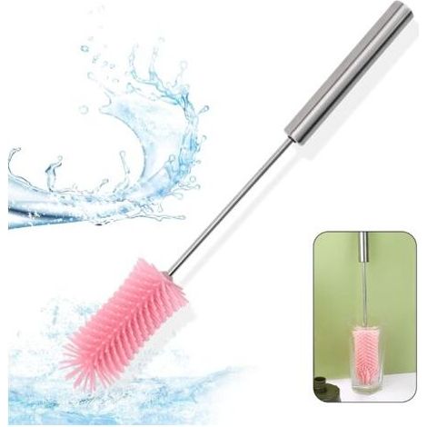 1 brosse à bouteille rose - En silicone - Long manche - Longueur : 37 cm - Fonction rotative pour un nettoyage en profondeur - Bouteille d'eau, verre et bouteille de lait (1/5)