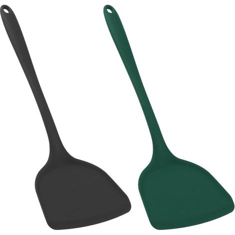 Juego de 2 espátulas grandes de silicona para wok – Negro y verde oscuro, resistentes al calor y antiadherentes para saltear y cocinar en wok. (1/5)