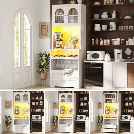 Colonne de Rangement Cuisine Buffet Haut avec LED via Appli Étagères Réglables et Range-Bouteilles Blanc 70 x 40 x 180 cm (1/5)