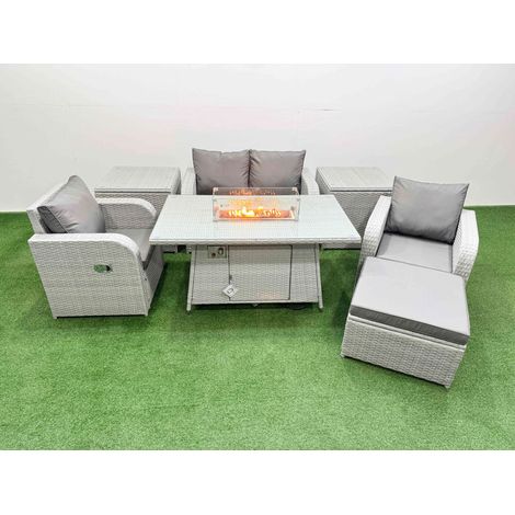 Fimous Light Grey PE Wicker Rattan Garden Furniture Set Sofa Set Reclining Chair Firepit Dining Table 5 Seater With Footstool 2 Side Table (1/4)