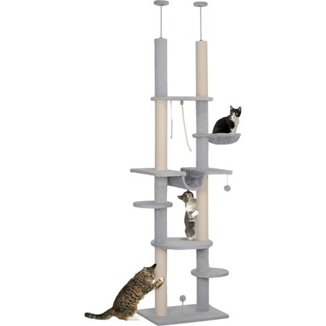 Katzenbaum, raumhoch, 225–255 cm, mit Hängematten, Plattformen, Seilspielzeug und Ballspielzeug, Grau