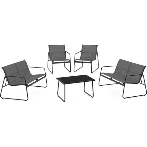 Idmarket – Salon de jardin bas MALAGA 6 places – 2 canapés et 2 fauteuils en textilène – Table basse en verre trempé – Structure en acier gris anthracite
