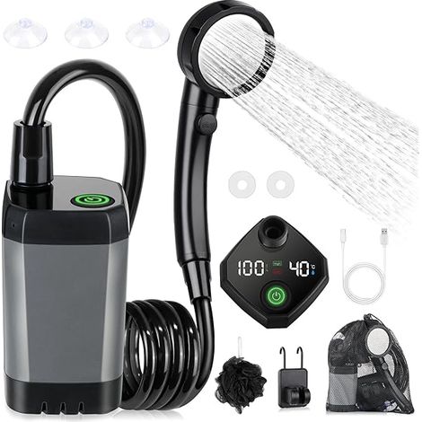 Douche Portable Pour Camping - Pompe À Eau Rechargeable 6000 mAh Avec Affichage LED Intelligent - 4 Modes De Pulvérisation - Étanche IPX7 - Pour Randonnée, Voyage, Voiture Et Animaux - 1 Pièce (1/3)