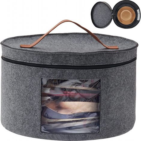 Scatola rotonda per cappelli in feltro con coperchio antipolvere, borsa portaoggetti per cappelli da donna, contenitore pieghevole per cappellini da 43 x 26 cm, confezione da 2 - Grigio (1/4)
