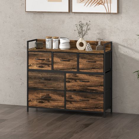 Kommode, Sideboard mit 7 Stoffschubladen, Industrial Design, Stahlrahmen, 98x29x85cm, Braun/Schwarz