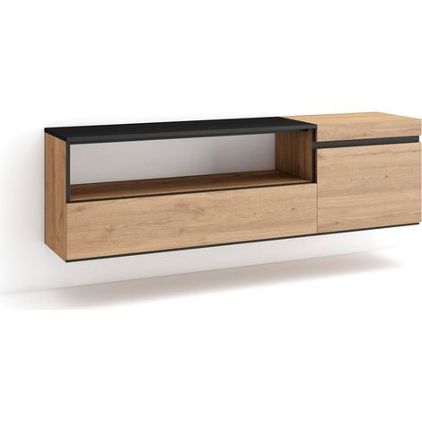 Skraut Home – Meuble TV suspendu mural – Grand espace de rangement 150x35x45cm – Pour TV jusqu'à 65" – Chêne et noir – Style moderne (1/5)