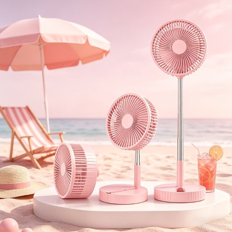 Ventilateur de sol et table télescopique, 3600mAh, télécommande, ventilateur rechargeable 4 vitesses-Rose (1/5)