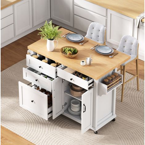 Isola cucina 107/45-70/90,5 cm bianca e naturale con piano estraibile, cassetti multifunzione e ruote (1/5)