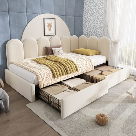 Lit banquette 90x200 cm beige en velours avec 2 tiroirs et sommier à lattes (1/5)