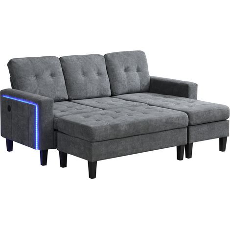 Canapé d’angle multifonction 3 places avec pouf mobile XXL en tissu chenille et éclairage LED (1/5)