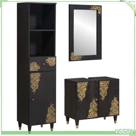Ensemble de meubles de salle de bain - Design doré imprimé - Bois de manguier massif - 3 pièces avec miroir - Noir (1/5)