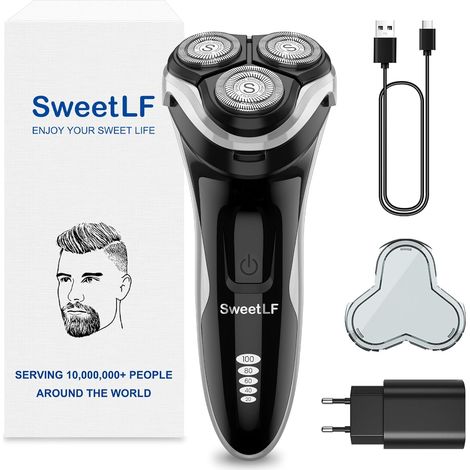 [2025 New] Rasoir Electrique Hommes Wet & Dry (Plus 3 Lames+1 Chargeur Rapide) avec 4D Têtes Rotatives, Rasoir Rechargeable avec Ecran LED, Rasage IPX7 Etanche + Tondeuse Barbe - Noir (1/5)