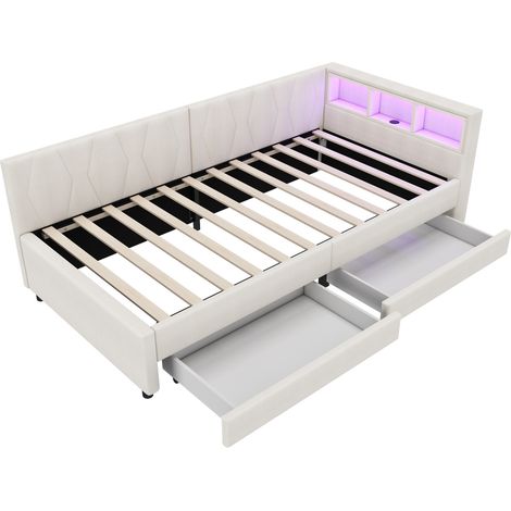 Cama 90x200 cm en lino beige con cajones, LED, USB y Type C, somier de lamas (1/5)