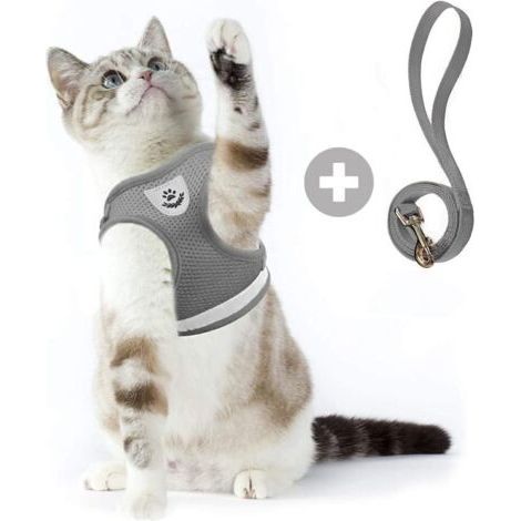 Summer Cat Travel Chest Strap Adjustable Vest with Drawstring Reflective Style Comfortable Breathable Cat Harness with Anti-Breakage Cord (Gray, XS) (1/5)