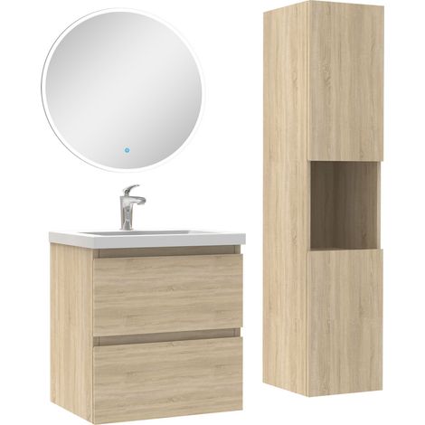 Ensemble meubles simple vasque 50cm,colonne + miroir rond lumineux Chêne Wotan