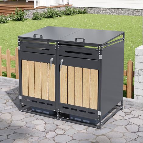 Cobertizo doble para cubos de basura con tapa hidráulica, metal negro, 131 x 79 x 116 cm (1/5)