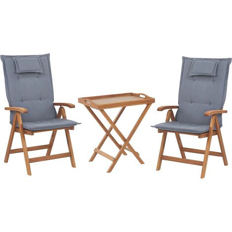 Set de Terrasse Table et 2 Chaises en Bois d'Acacia Clair avec Coussins Bleus Java