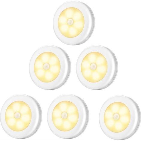 Lampe de Placard/Armoire LED,6pcs Lampes Armoire Veilleuse,Eclairage LED Détecteur de Mouvement avec Base Magnétique,pour Escalier Cuisine Vitrines Cabinet (Alimenté par Batterie) blanc Lumière chaude (1/5)