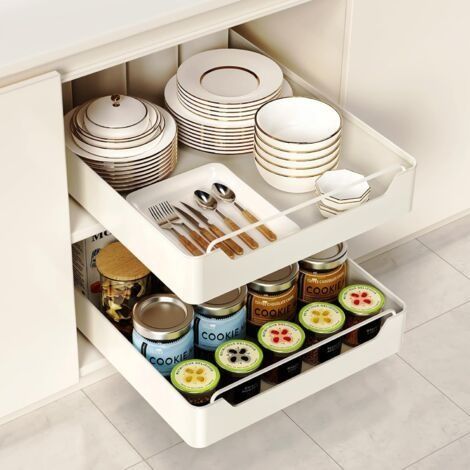 2Pcs Tiroir Coulissant Cuisine, Etagere Rangement Cuisine Telescopique pour Armoires de Cuisine, Salon, Maison (42 cm L x 30 cm P x 7 cm H), Aucun Perçage Requis, Blanc (1/4)