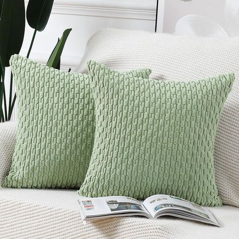 Lot de 2 Housses de Coussin en Velours ctelé rayé Boho Housse de Coussin décorative Douce pour canapé Chambre à Coucher Vert Clair 60 x 60 cm (1/5)
