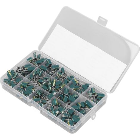 225-teiliges Sortiment an 15 verschiedenen Kondensatoren, Aluminium-Elektrolytkondensatoren in Reihenbauweise, 16–50 V, 1–470 µF (1/5)