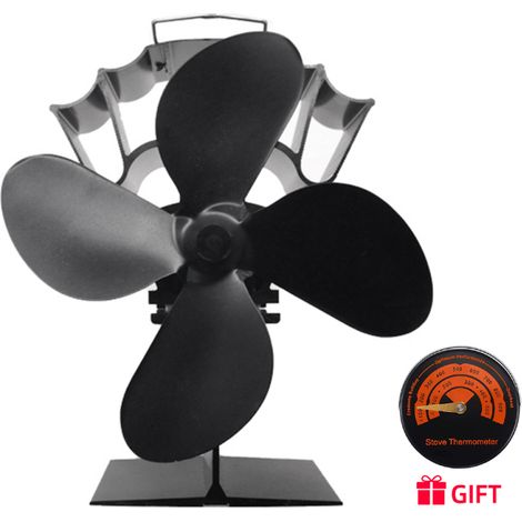 Ventilateur de poêle à 4 pales à combustion thermique, non électrique, silencieux, pour poêle à bois/à granulés/à bûches, noir.