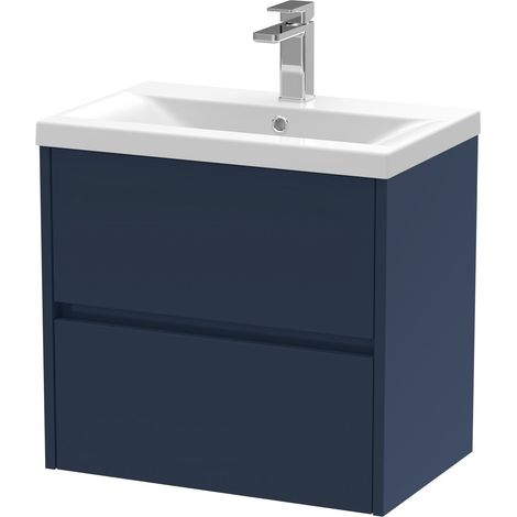 Square Wall Hung 2 Drawer Vanity Unit & Ceramic Basin, 600mm - Midnight Blue